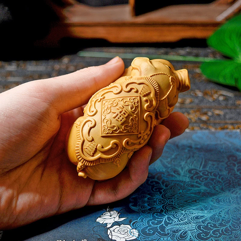 

Резьба из самшита китайского знака зодиака с небольшими листьями, резьба в виде свиньи Fuxi, мужские портативные канцелярские товары, ручная работа, украшения ручной работы