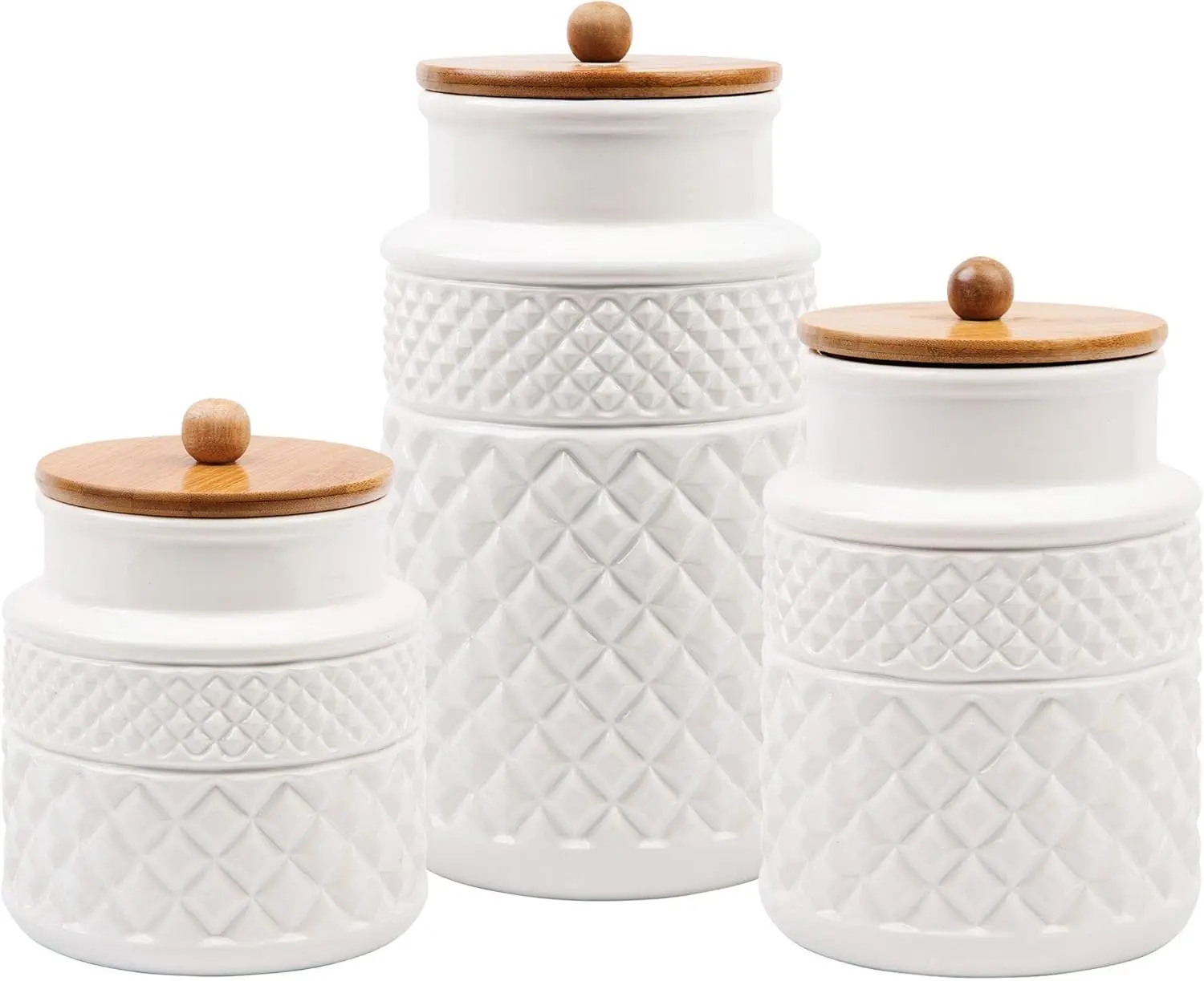 Recreations Embossed Faceted Canister White Ceramic Set of 3 Round Jars with for Kitchen - Food - Bamboo Lid and Rubber Gasket