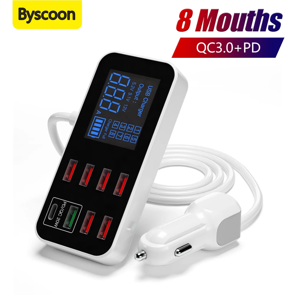 

Автомобильное зарядное устройство Byscoon с 8 USB-портами и светодиодным дисплеем
