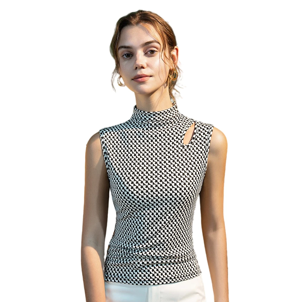 

Women Clothing Sleeveless Turtleneck Women's T-shirt Letter Prined Mesh Woman Top Spring Summer Tops For Women