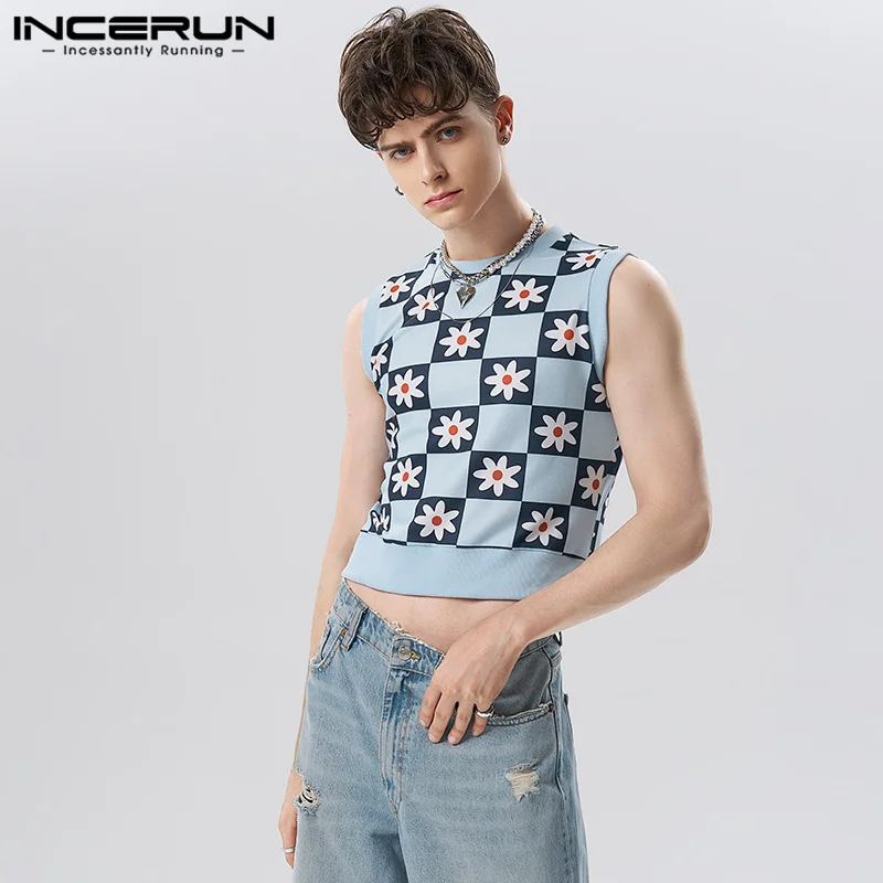 

Casual Fashion Style Tops INCERUN New Men's Floret Printed Waistcoat Streetwear Holiday Male Cropped Sleeveless Vests S-5XL 2023