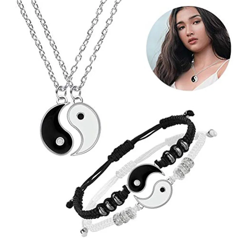 

2/4Pcs Tai Chi Yin Yang Couple Bracelets Necklaces Set Pendant Braid Chain Bracelet Friendship Relationship Boyfriend Girlfriend