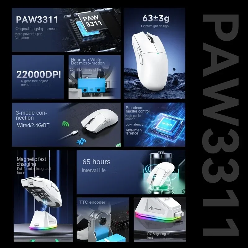 Attack Shark X11 PAW3311, трехрежимное подключение, сенсорная магнитная зарядная док-станция, сверхлегкая игровая мышь (art.: 3920ccdb2bb16) - 3920ccdb2bb16
