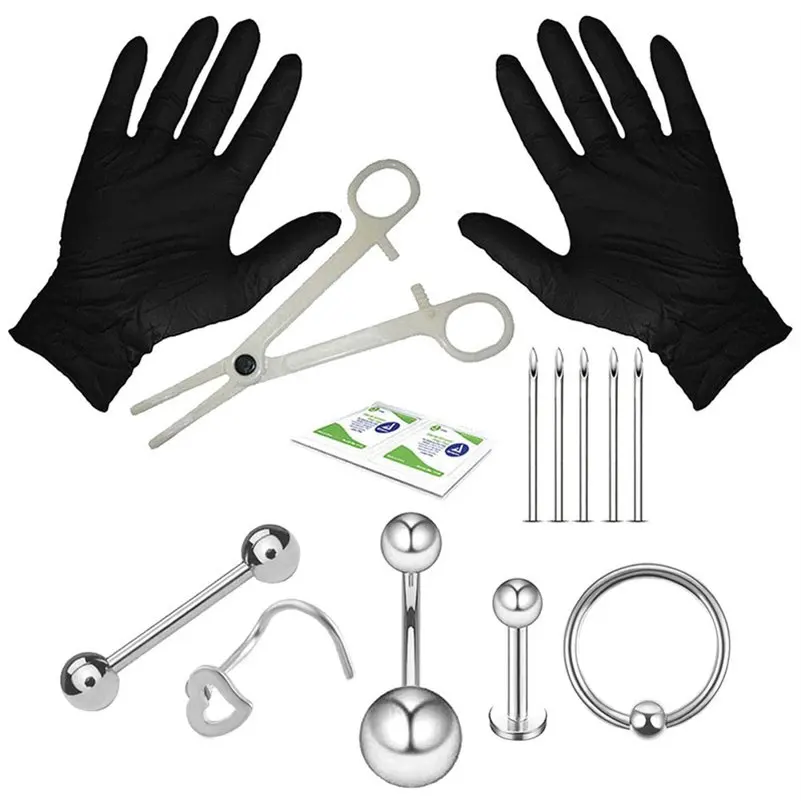 Инструмент для пирсинга тела Kit 16G одноразовые профессиональные комплекты для самопирсинга тела, зажим, бриллианты для ушей, губ, носа