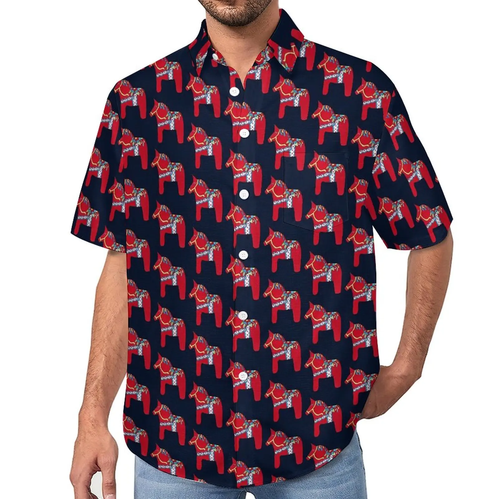 

Dala Horse Vacation Shirt Cute Animal Print Summer Casual Shirts Men Funny Blouses Short Sleeve Graphic Clothes Big Size