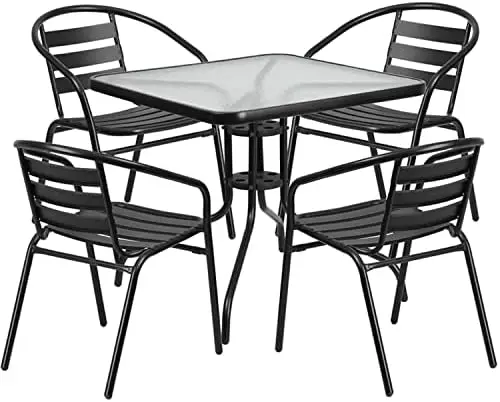 

Square Glass Metal Table with 4 Black Metal Aluminum Slat Stack Chairs Metal chair Sillas para barra de cocina Wooden chair Acry