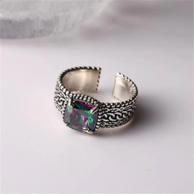 

European and American Style Retro Colorful Zircon Ring Female Pattern Pattern Simple Fashion Personality Design Ring
