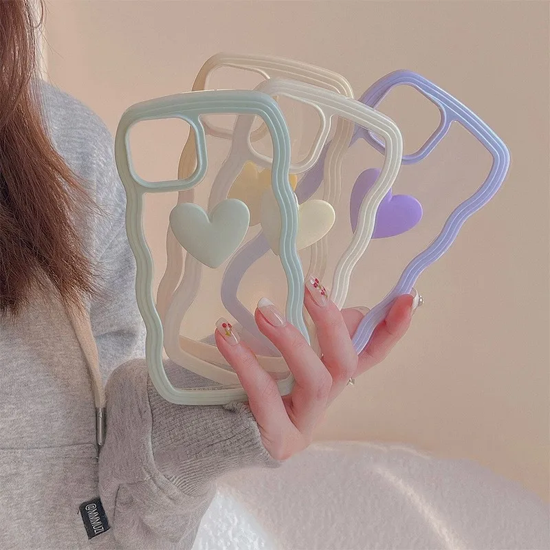 Wave Edged Transparent Silicone Phone Case Suitable For iPhone 14 13 12 11 Pro Max XS X XR 8 7 Plus3D Heart Shaped Candy Color