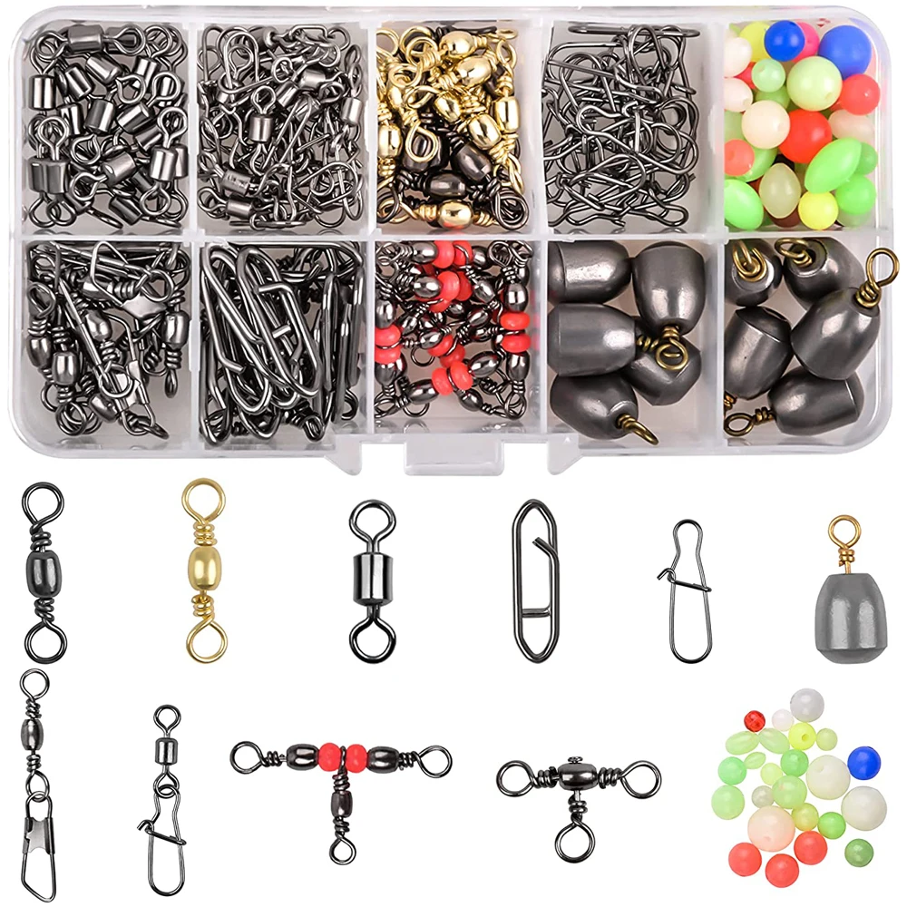 

160Pcs/Box Fishing Swivels Accessories Kit Include Swivel Snap Iron Fishing Weights Fishing Beads 3 Way Swivel Line Connector