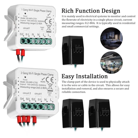 KKMOON Tuya Wi-Fi счетчик энергии 1/2 Gang 80A однофазный зажим солнечный PV двунаправленный двухсторонний трансформатор тока с управлением через приложение