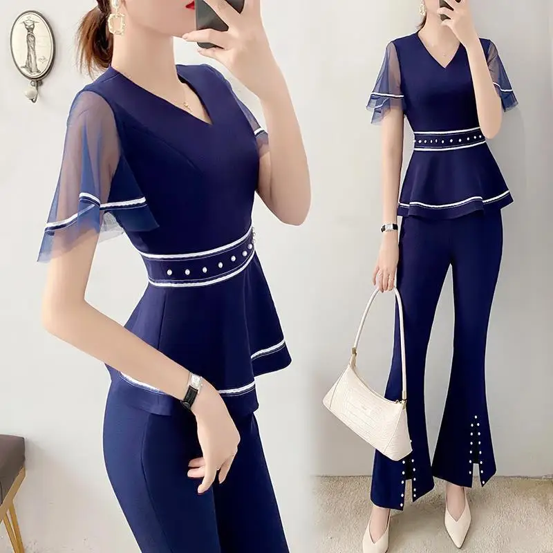 

2022 Summer Women New 2 Pieces Sets Female V-neck Pullover Shirts + Long Flare Pants Ladies OL Office Lady Working Sets F18