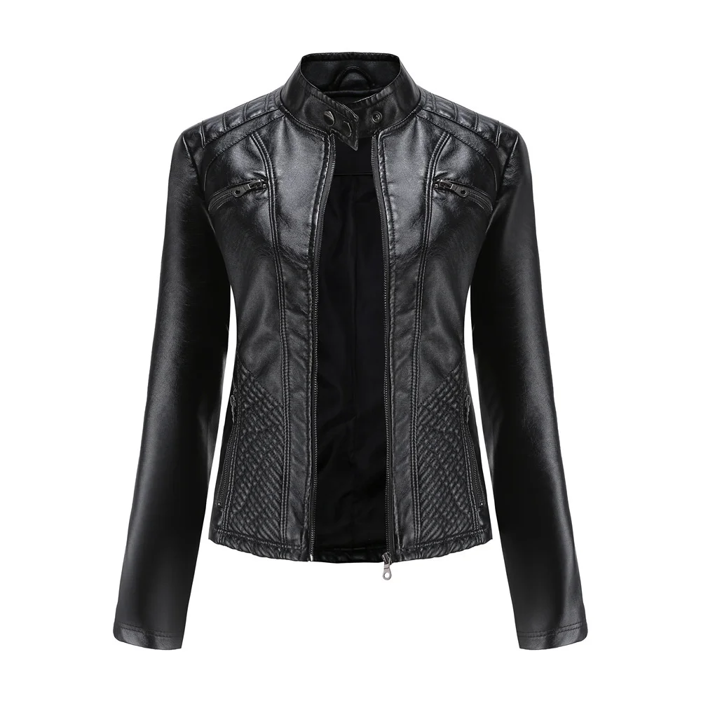 2021 new women's casual leather jacket with vertical collar, slim fit coat, women's spring and autumn pure leather jacket
