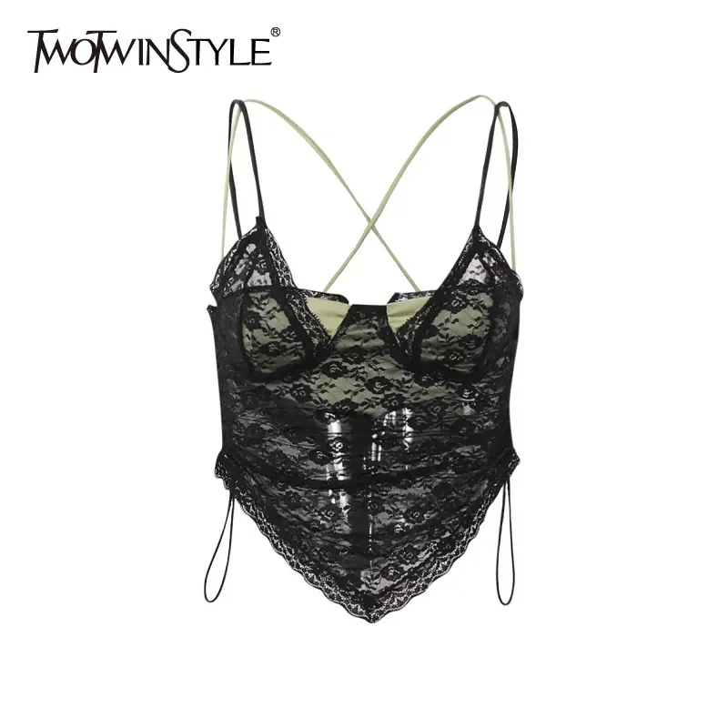 

TWOTWINSTYLE Patchwork Lace Short Vest For Women Square Collar Sleeveless Fake Two Sexy Vests Female Fashion New Clothing Style
