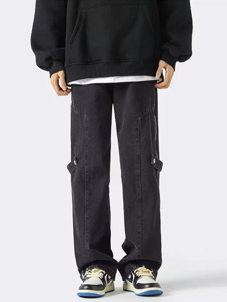 Side Zipper Open Design Men's Loose Denim Trousers Retro Straight Street Loose Wide Leg Split Trousers Designer Jeans Pants Men