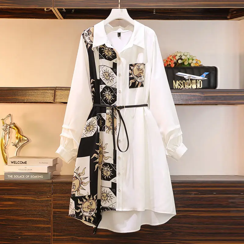

Dress Spring Summer Women's Clothing Short White Shirt Dress Print Stitching Loose Plus Size Korean Fashion Belt French Retro