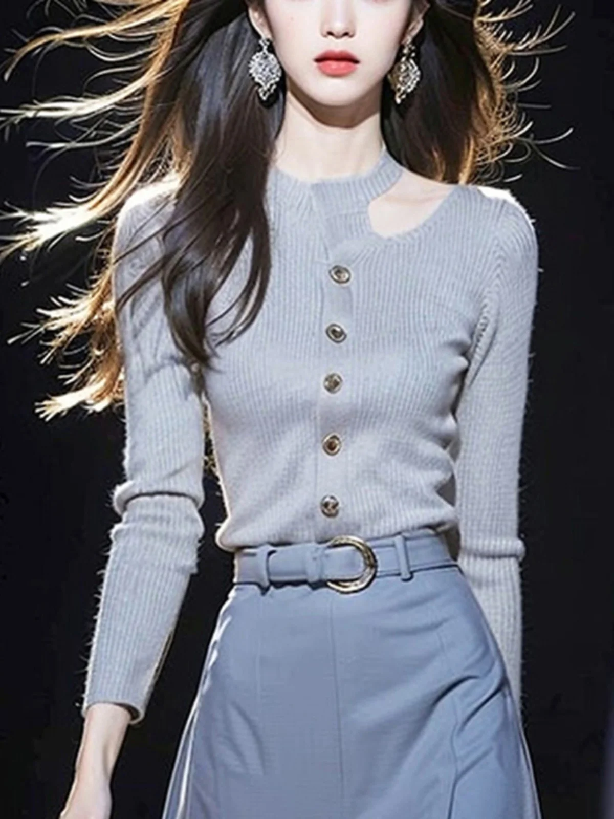 Плюс размер модный темперамент красивый синий полый круглый вырез с длинными