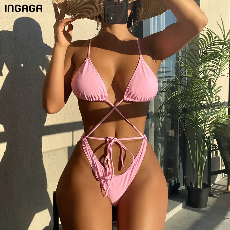 

INGAGA сексуальный женский купальник с перекрестными лямками Цельный купальник с завязками спереди монокини с высоким вырезом розовые купаль...