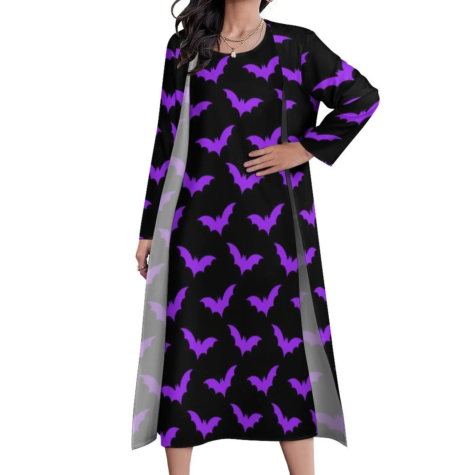 

Женское длинное платье с принтом летучая мышь, фиолетовое Пляжное Платье макси с принтом на Хэллоуин, дизайнерское Повседневное платье из двух частей, платье большого размера