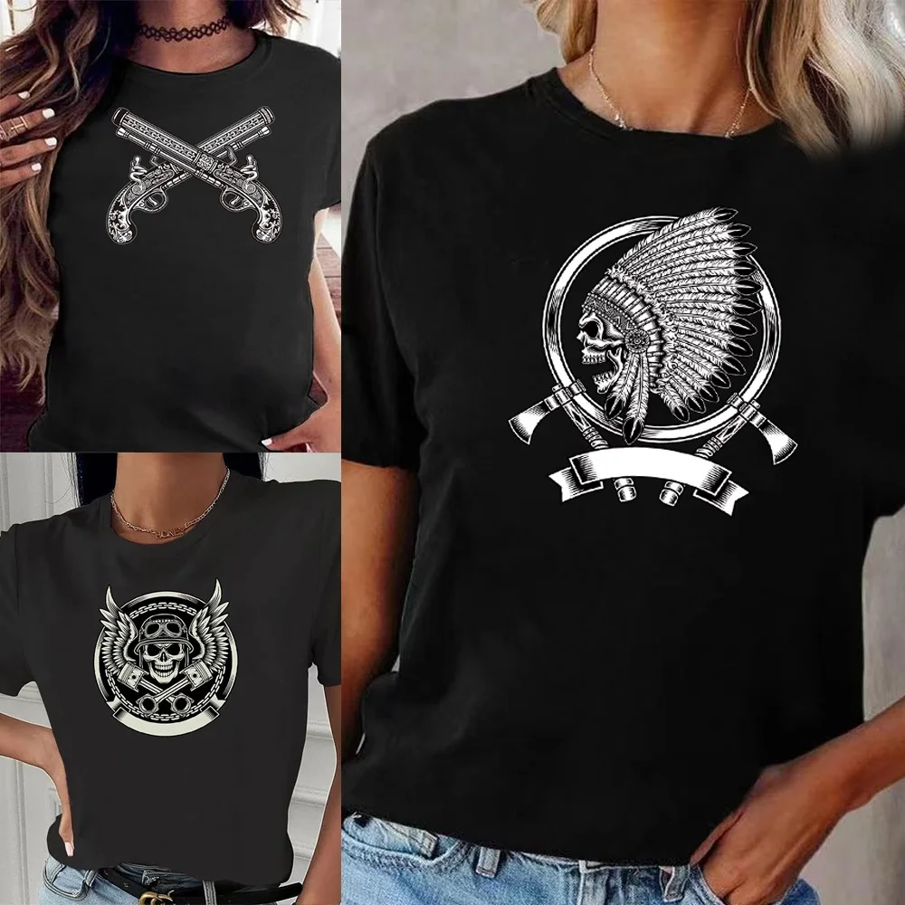 

T-shirt Fashion Trend Skull Printed Female O-neck T Shirt Casual Harajuku Crew Neck Ladies Slim Tshirt Hip Hop Streetwear Top