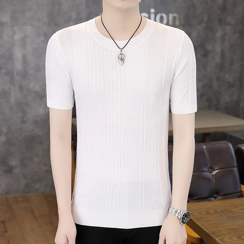 2023 Summer New Ice Silk Short Sleeve T-shirt Men's Solid Color Thin Elastic Breathable Men's Slim Fit T-shirt Pullovers Sweater