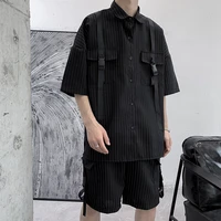 2022 new tooling short sleeved mens functional wind short sleeved shirt striped ruffian handsome five point pants two piece set