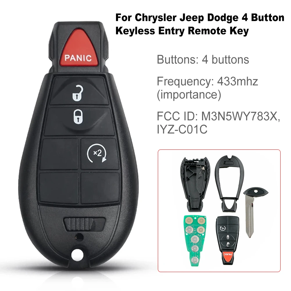 

4 Buttons Remote Keys Fit For Dodge Chrysler Jeep FCC ID: M3N5WY783X,IYZ-C01C 433MHZ Car Key With Key Blade Удаленные ключи