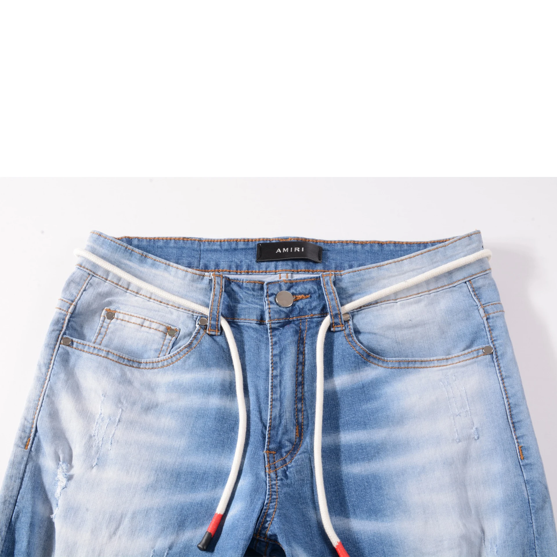 High Street Ripped Jeans Men Fashion Light Blue Knee Hole High Elastic Denim Trousers Destroyed Retro Slim Jeans for Men