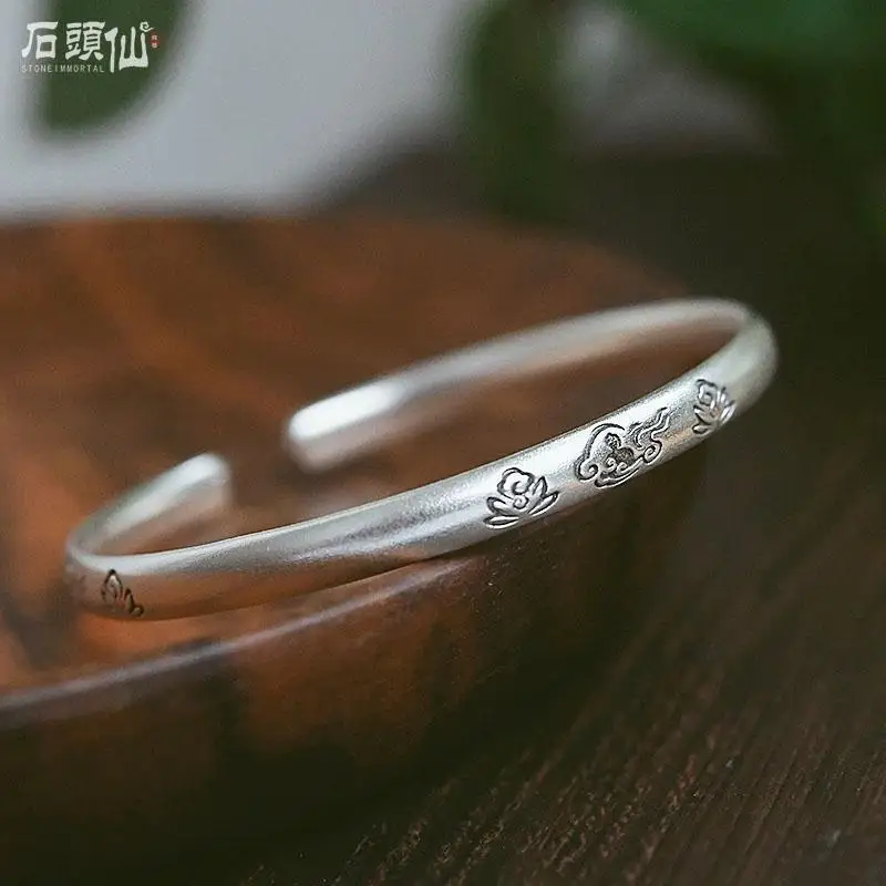 

Женский серебряный браслет Xiangyun, простой матовый Открытый Универсальный браслет из серебра 999 пробы с широким лицом