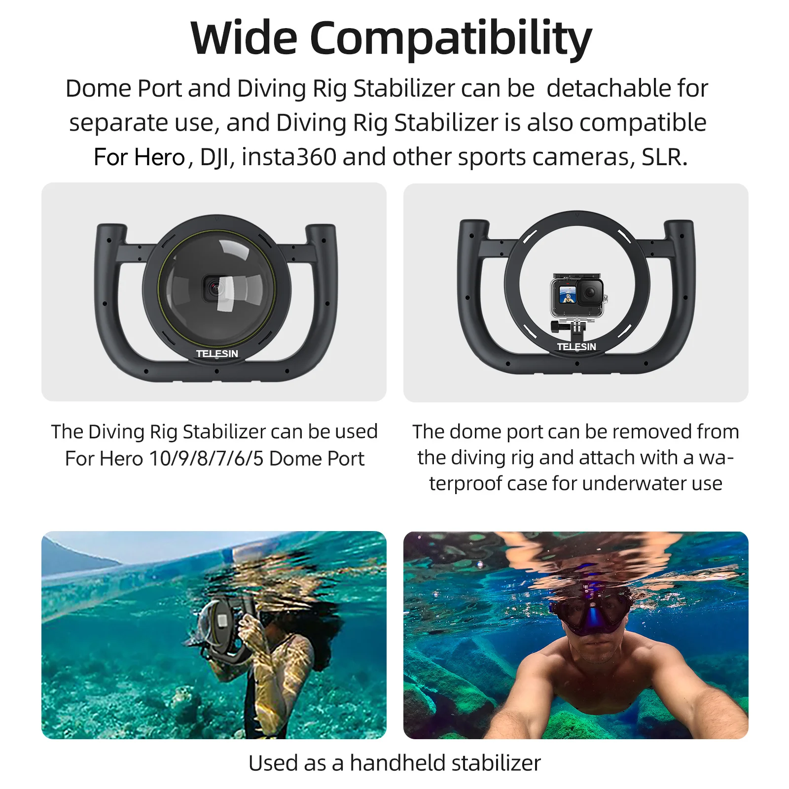 TELESIN водонепроницаемый купольный порт для GoPro Hero 10/9/8/7/6/5 с 30 м водонепроницаемой