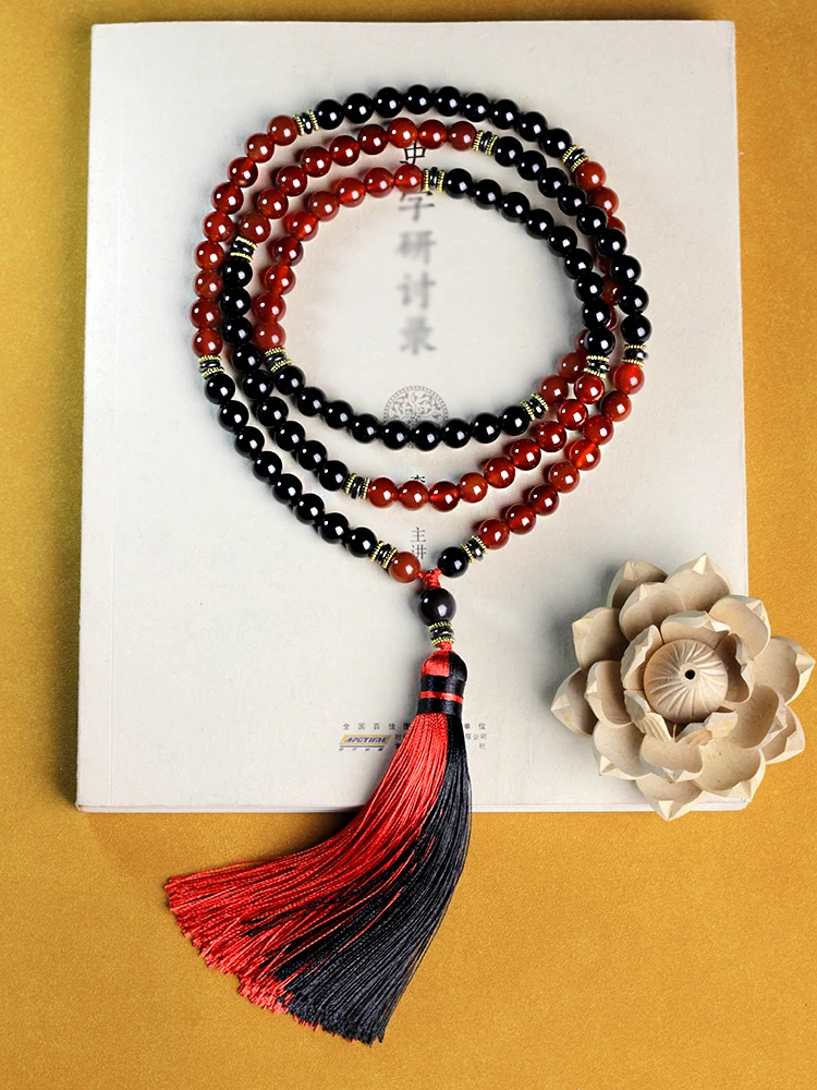 

Japamala 108 beads natural stones 8mm Black Onyx and red agate necklace,tassel necklace for women boho,mala rosary beads yoga