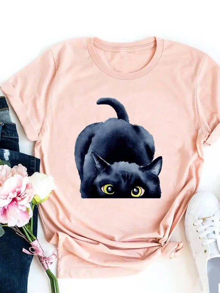 

Футболка женская с графическим принтом, милая Базовая тенниска в стиле 90-х с акварельным принтом кота, модная майка с коротким рукавом, одеж...