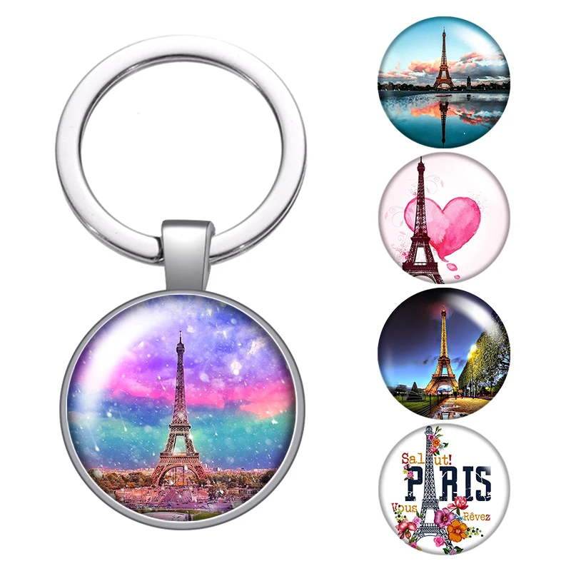 

Fashion Eiffel Tower Love Paris glass cabochon keychain Bag Car key chain Ring Holder silver color keychains for Man Women Gift