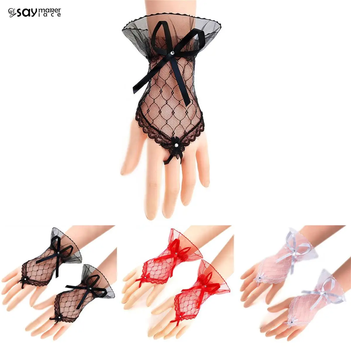 

1Pair Lace Fingerless White Gloves Vintage Soft Beautiful See Through Bowknot Bride Party Gloves Solid Color Short Gloves