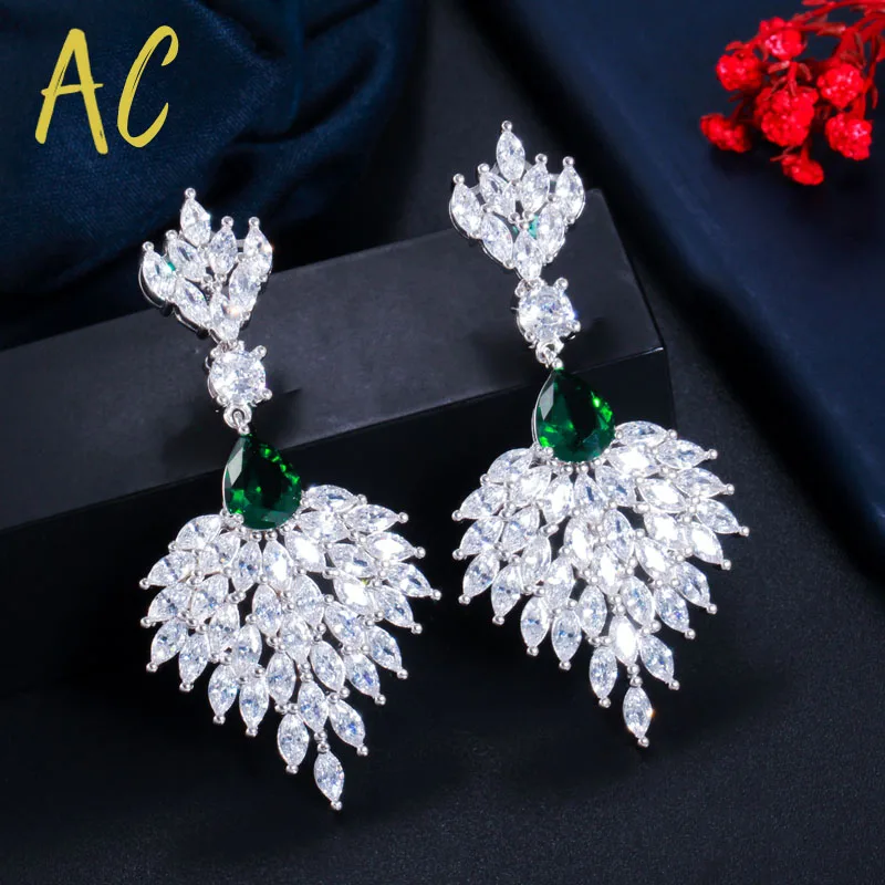 

Long Feather Dangle Drop Earrings for Women White Blue Green Cubic Zirconia Inlay Wedding Banquet Luxury Jewelry Accessories