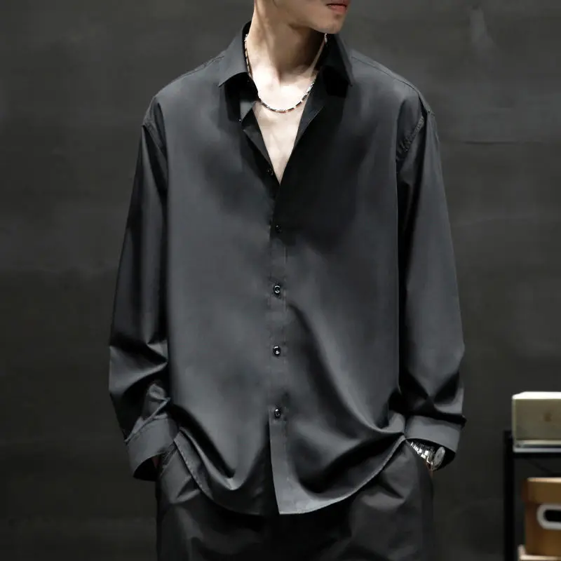 Autumn Winter New Casual Loose All Match Simple Shirts Man Solid Single Breasted Drape Blouse Male Long Sleeve Chic Streetwear