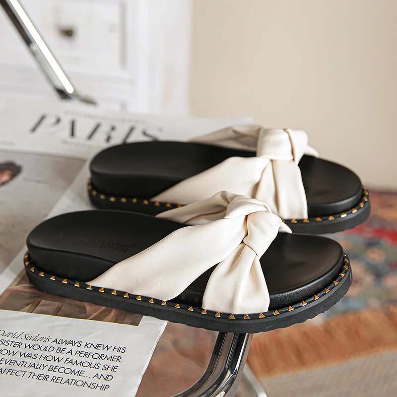

Summer Slippers Shoes Women 2022 Bow Low-Heeled Comfort Lady Sandals Open-Toe All-Match Female Sandalias Chaussure Femme