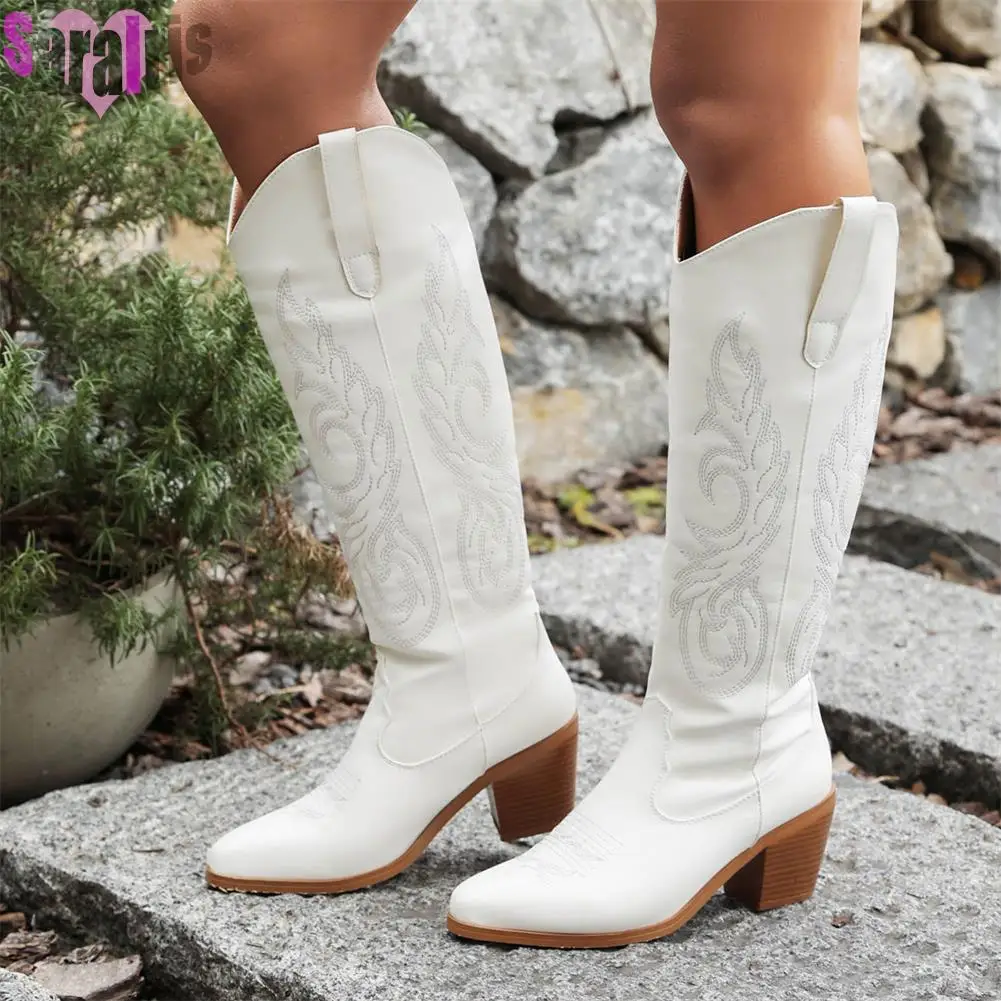 

Western Cowboy Knee High Boots Block High Heels Pointed Toe cowgirl Embroider Retro Shoes Woman riding Long Booties Big Size 43
