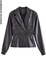 pailete women 2022 fashion with belt faux leather blazer coat vintage long sleeve flap pockets female outerwear chic top