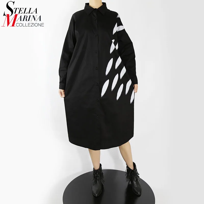 

Knee Length Straight Long Sleeve Woman Autumn Black White Casual Printed Shirt Dress Loose Fit Ladies Unique Holiday Robe MJ5035