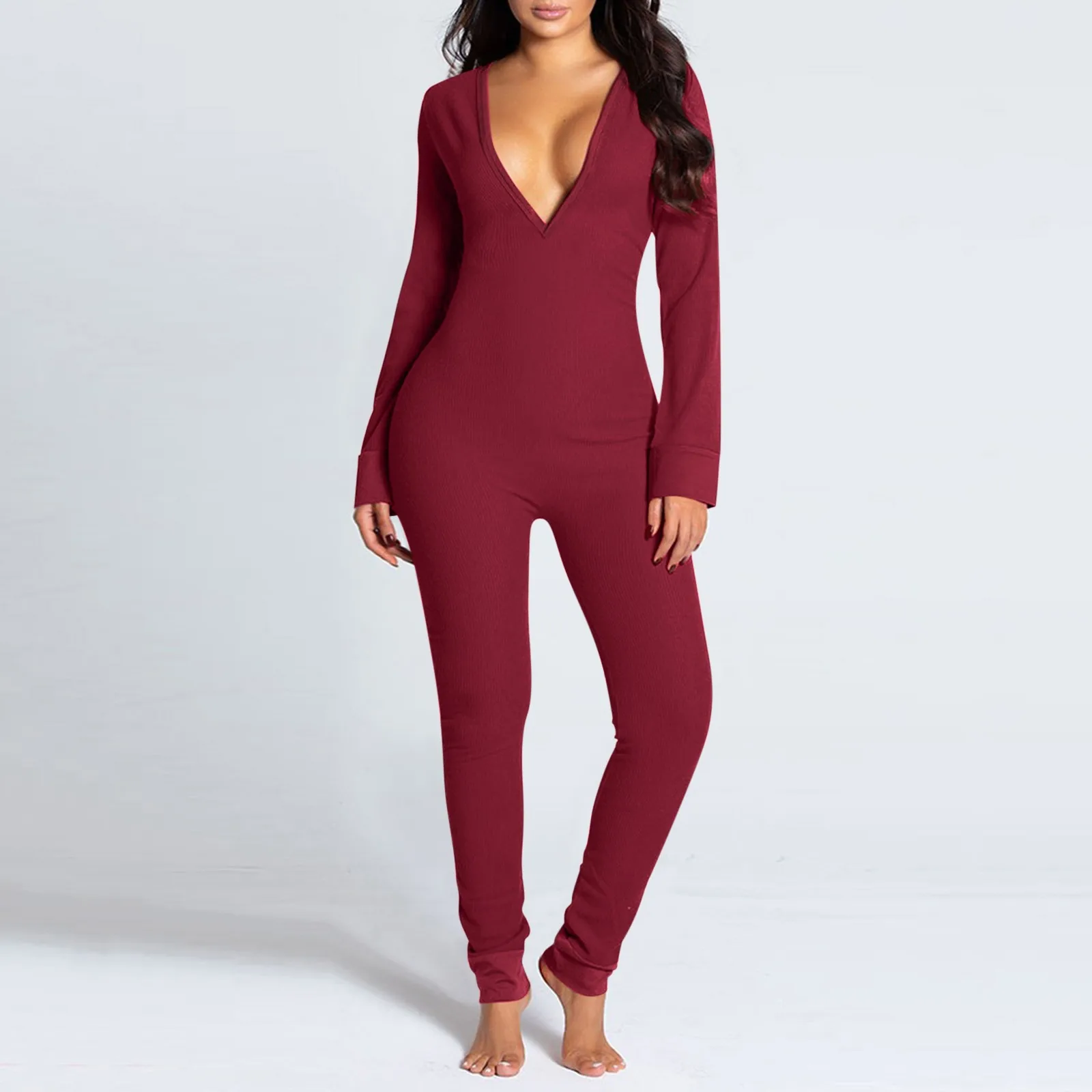 

Sexy Onesies For Adults Autumn Winter Long Sleeve Jumpsuit Women'S Onesie Pajama Button Up Romper Solid Romper Playsuit Bodysuit