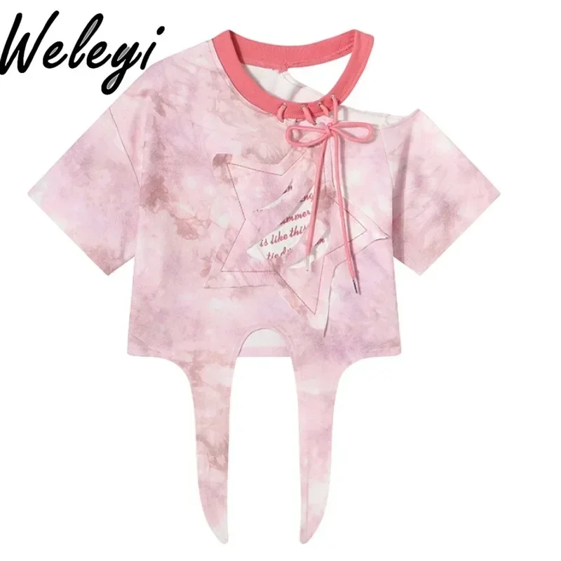 Милая розовая футболка с открытыми плечами для женщин Новинка лета 2024 крутая