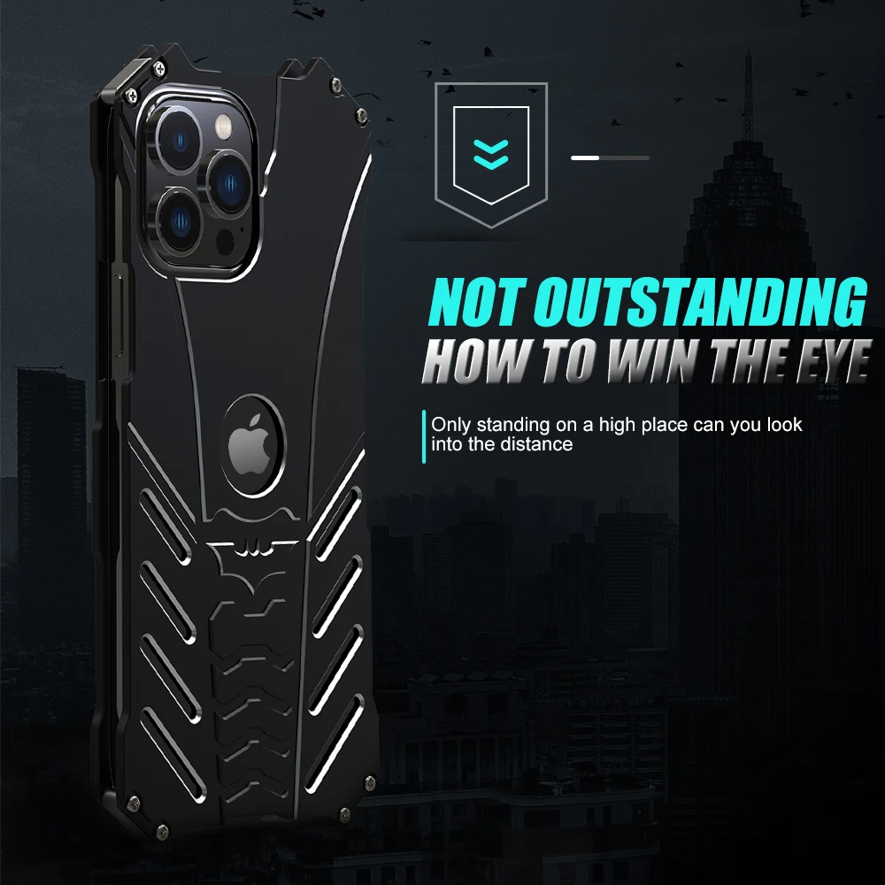 

R-just Metal Back Case for iPhone 14 13 12 11 Pro Max Mini X XS Max XR Plus Shockproof Anti-Drop Aerospace Aluminum Light Cover