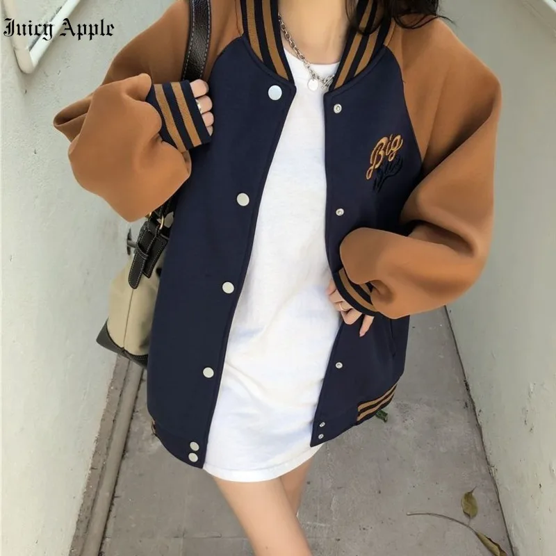 

Juicy Apple 2022 Women's Baseball Bomber Jacket Vintage Brown Embroidered Plush Stitching College Style Oversize Bombers Jackets