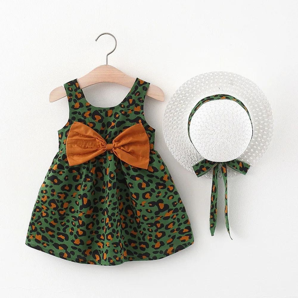 

4Pcs/Lot Wholesale Newborn Baby Clothes Girls Dresses Summer Fashion Leopard Party Bow Princess with Hats 2Pcs Suit Kids Dress