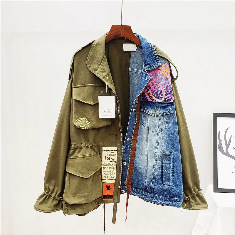 

New Denim Jackets Women Coat Loose Wash Long Sleeve Vintage Casual Jean Jacket Splice Contrast Bomber Denim Coat