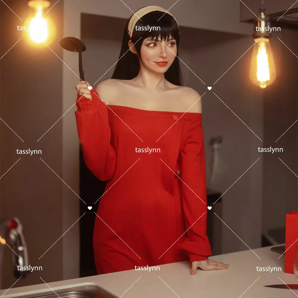 Женский костюм для косплея х семья красный свитер длинный парик серьги головной