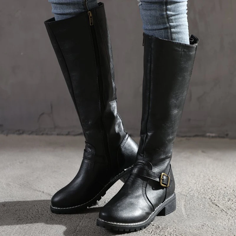 

Women's Martin Boots Plus Size European Style Low Heel Back Zipper Leather Boots New High Tube Mid Heel Female Boots