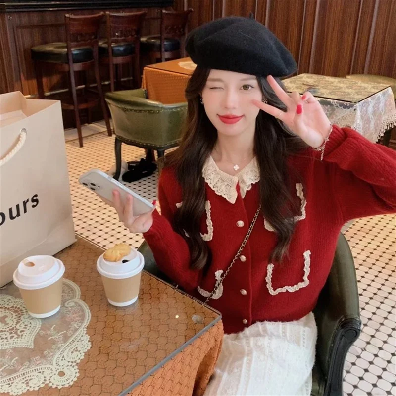 Вязаный кардиган женский осенне-зимний милый однобортный укороченный с