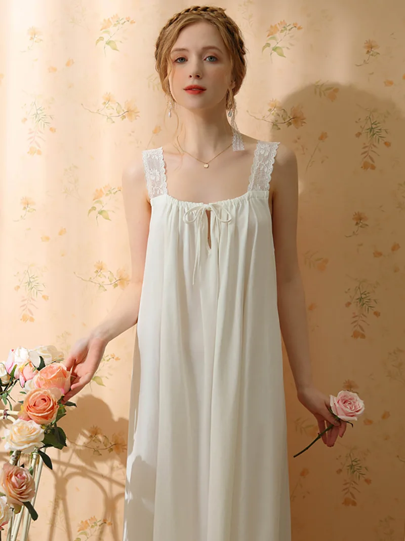 Women Summer Spaghetti Strap Lace-up Drawstring Nightdress Pajamas Vintage Princess Loose Fairy Cotton Sweet Sexy Sleepwear