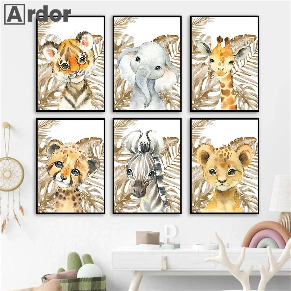 

Tiger Lion Elephant Giraffe Poster Jungle Animals Canvas Print Painting Palm Leaf Wall Art Nursery Wall Pictures Kids Room Decor